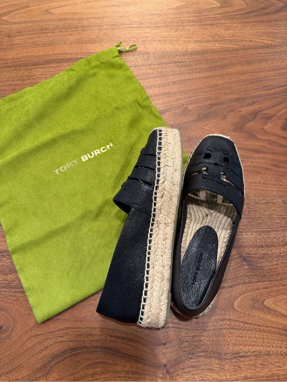 Tory Burch Black Leather Ines Platform Espadrille Loafers with Natural Trim